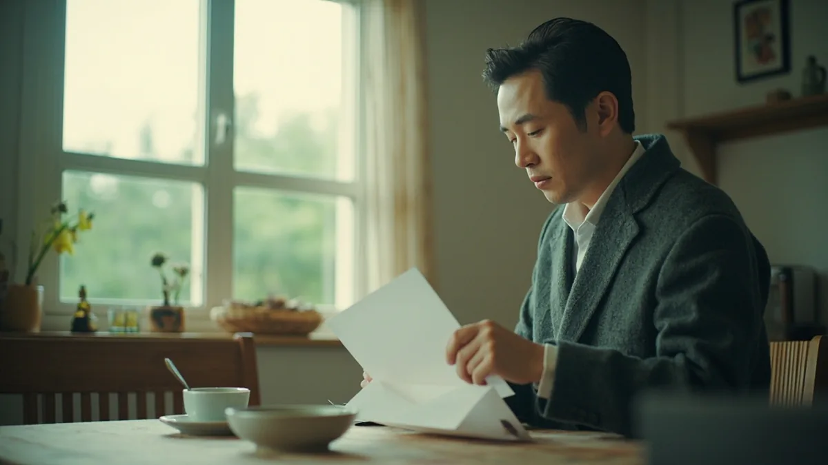An adult carefully places a folded sheet of paper into a plain envelope, illustrating “letter” in Chinese: 信 (xìn)