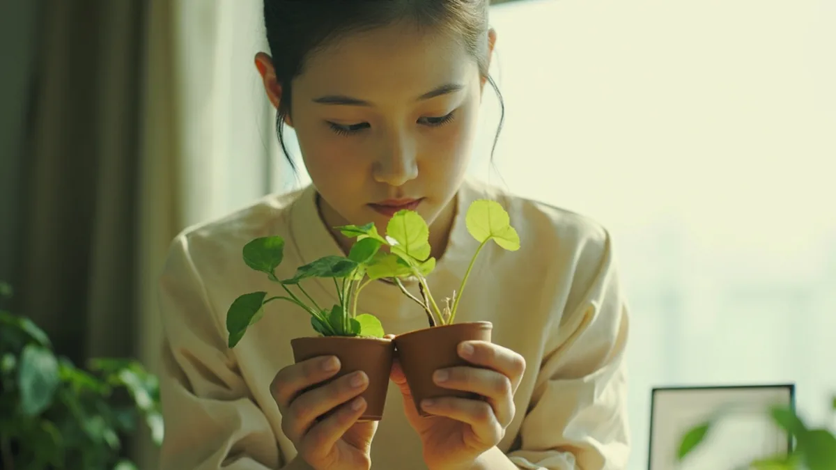 A person holds two identical small potted plants in their hands, illustrating “two (liǎng)” in Chinese: 两 (liǎng)