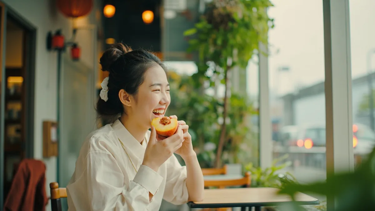 A young person happily eats a piece of ripe fruit, illustrating “like” in Chinese: 喜欢 (xǐhuan)