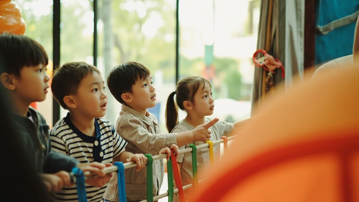 Young children form an orderly single-file queue at an indoor play area, illustrating “line up nicely” in Chinese: 排好队 (pái hǎo duì)