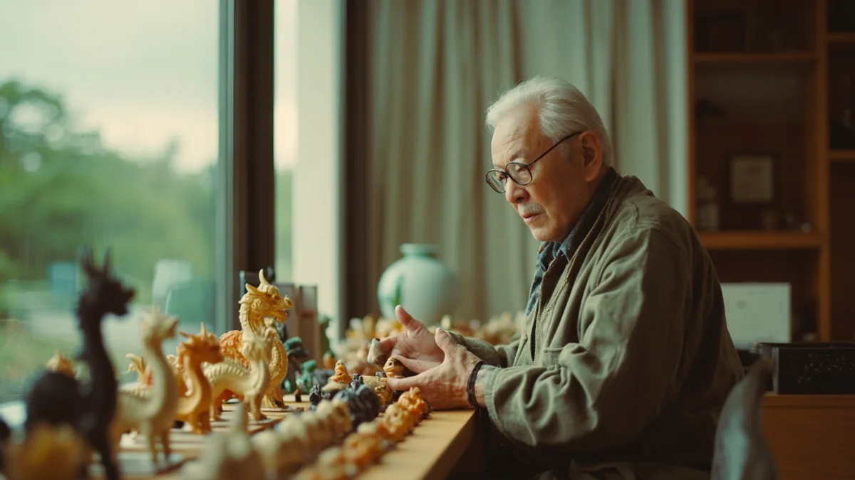 A person points to various dragon figurines on a display shelf, illustrating “list of dragons” in Chinese: 龙的清单 (lóng de qīngdān)