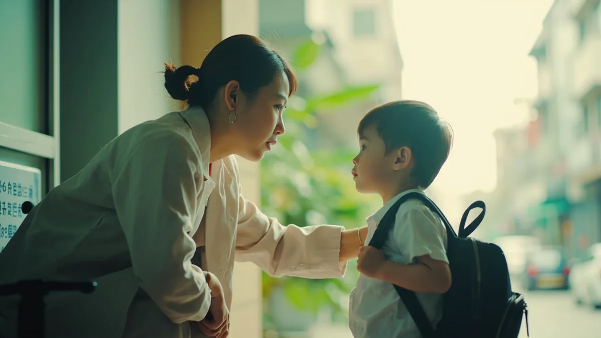 A parent gives a final instruction to a child at a school gate, illustrating “listen to your teacher” in Chinese: 听老师的话 (tīng lǎoshī de huà)