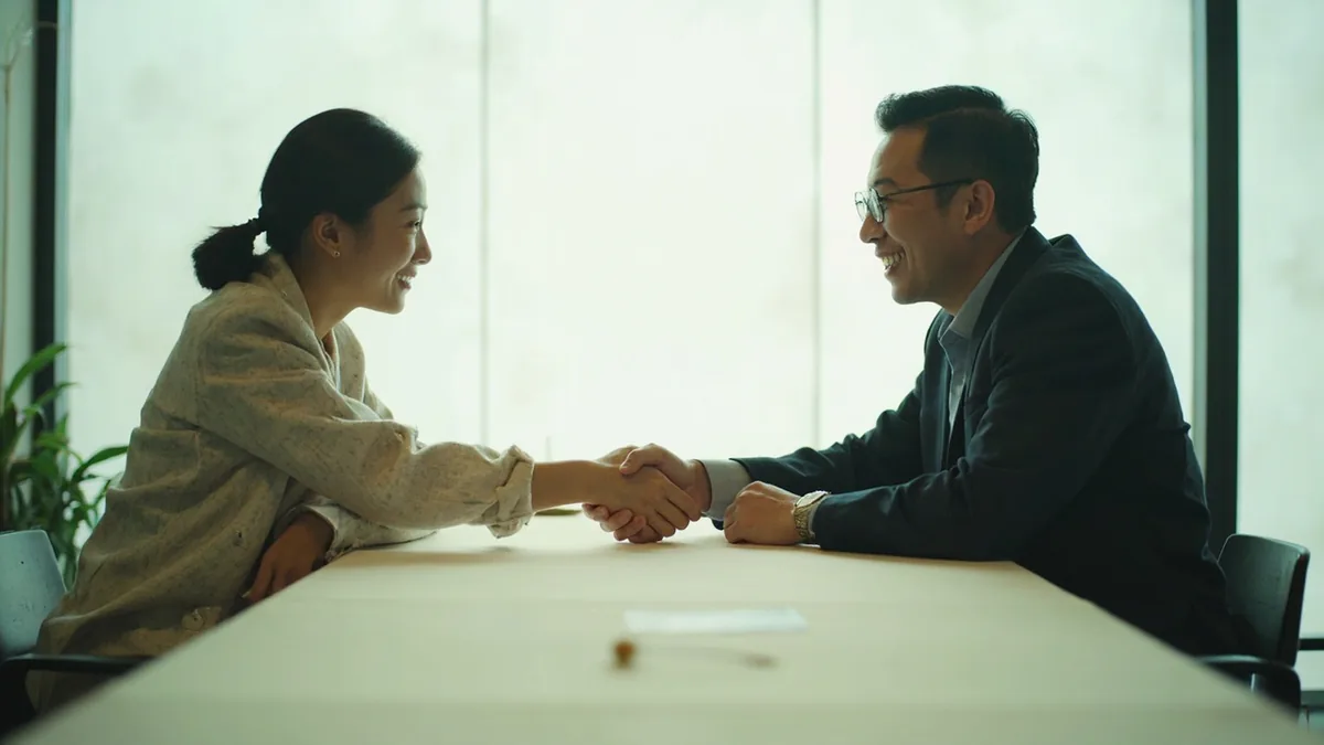Two professionals shake hands after a successful meeting, illustrating “looking forward to working together” in Chinese: 期待我们的合作 (qīdài wǒmen de hézuò)