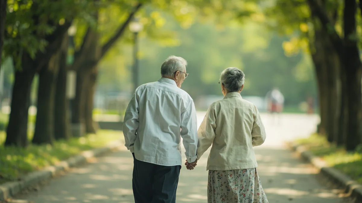 An older couple holds hands while strolling through a park, illustrating “love birds” in Chinese: 恩爱夫妻 (ēn'ài fūqī)