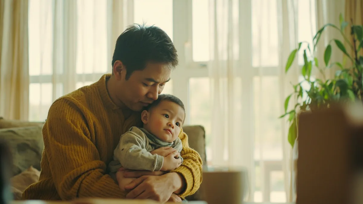 A parent embraces their child warmly in a home setting, illustrating “love” in Chinese: 爱 (ài)