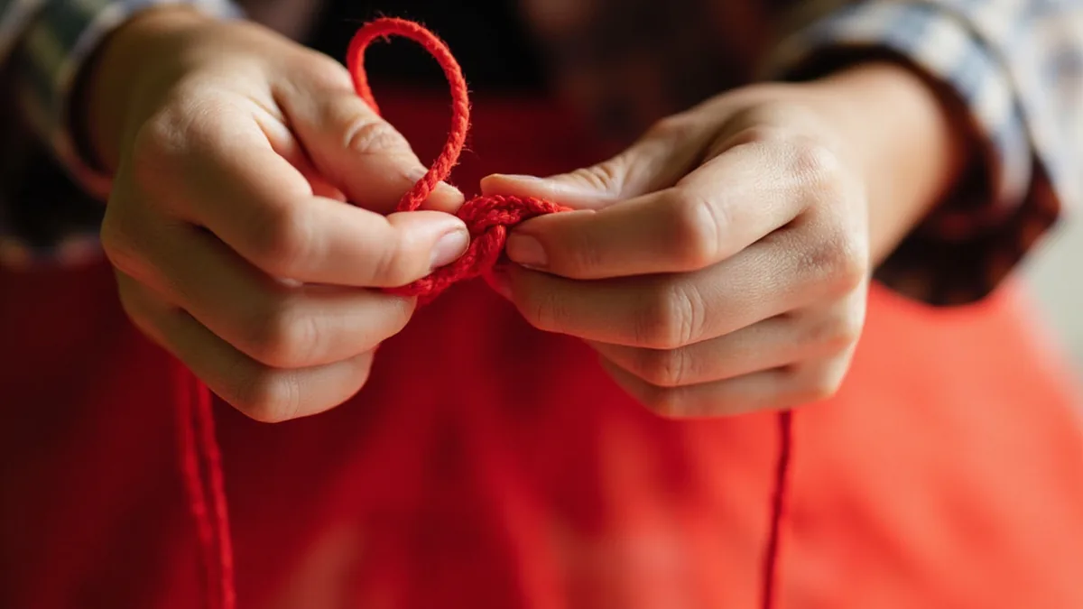 Hands tie a decorative red knot with intricate strands, illustrating “love knot” in Chinese: 同心结 (tóngxīnjié)