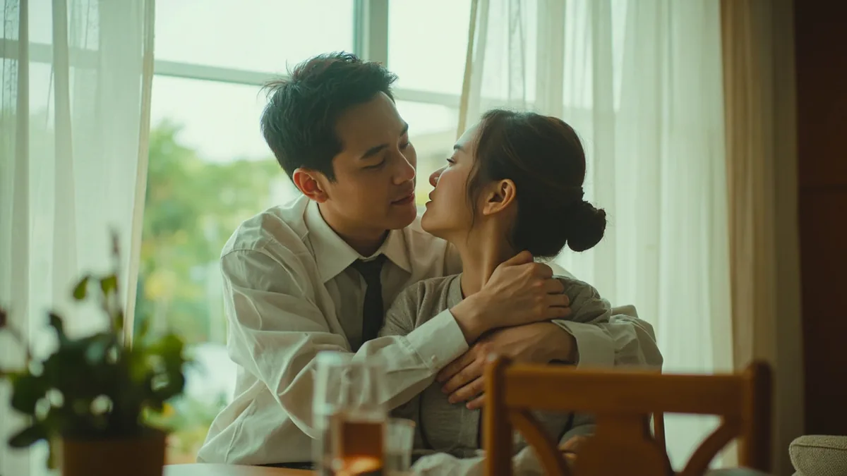 A couple shares a warm embrace in a quiet moment, illustrating “love you” in Chinese: 爱你 (ài nǐ)