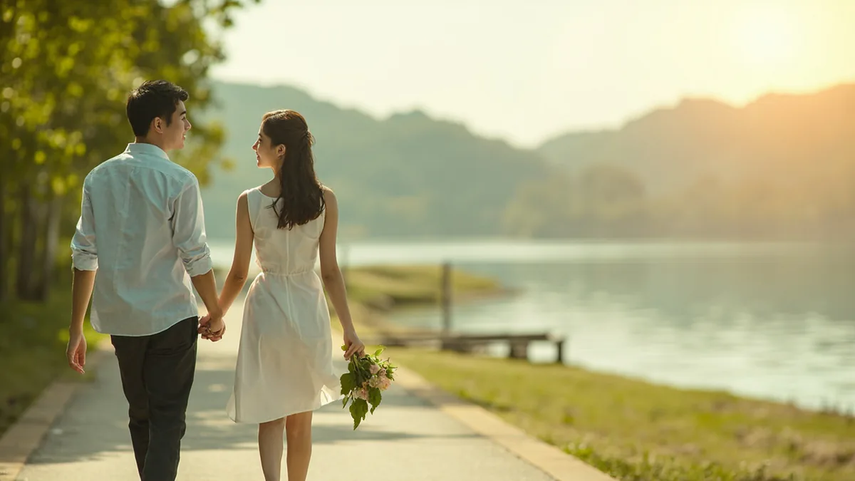 A young couple walks hand in hand along a riverside path, illustrating “lovers” in Chinese: 情侣 (qínglǚ)