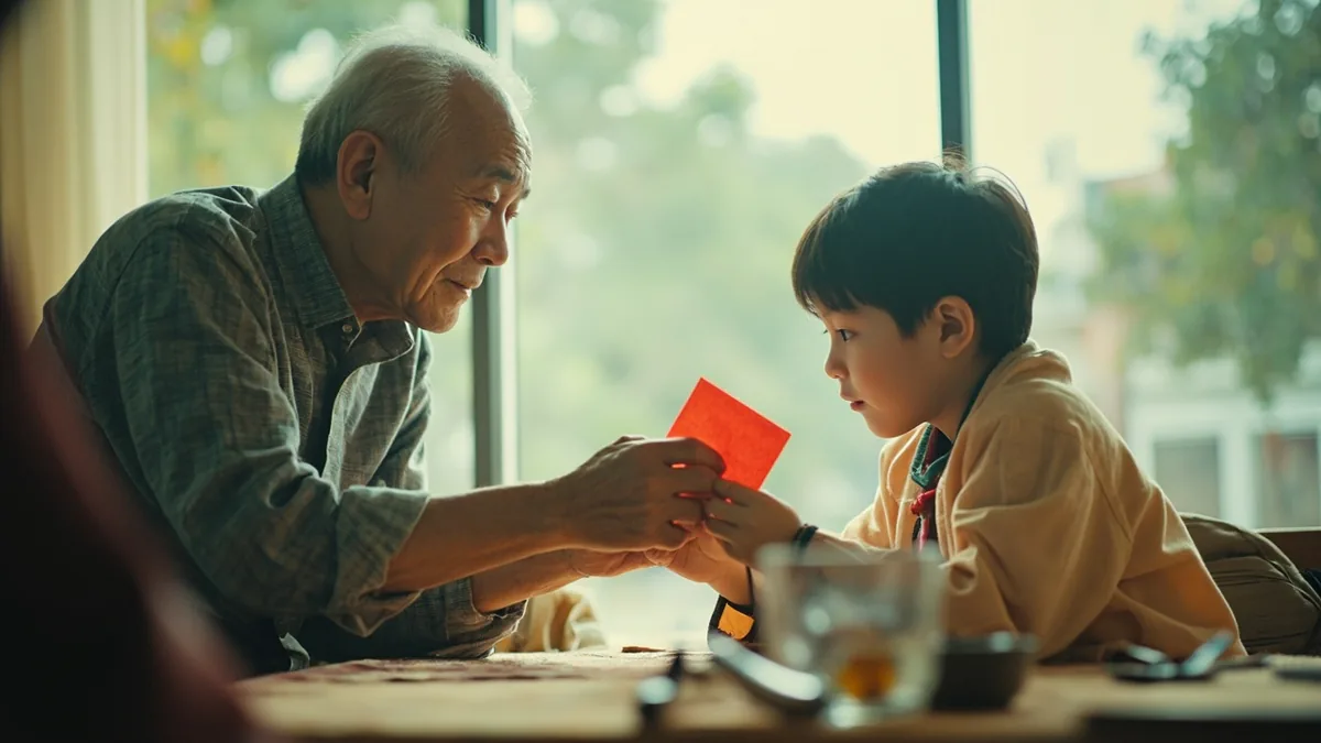 An adult hands a bright red envelope to a child with a warm smile, illustrating “lucky money” in Chinese: 压岁钱 (yāsuìqián)