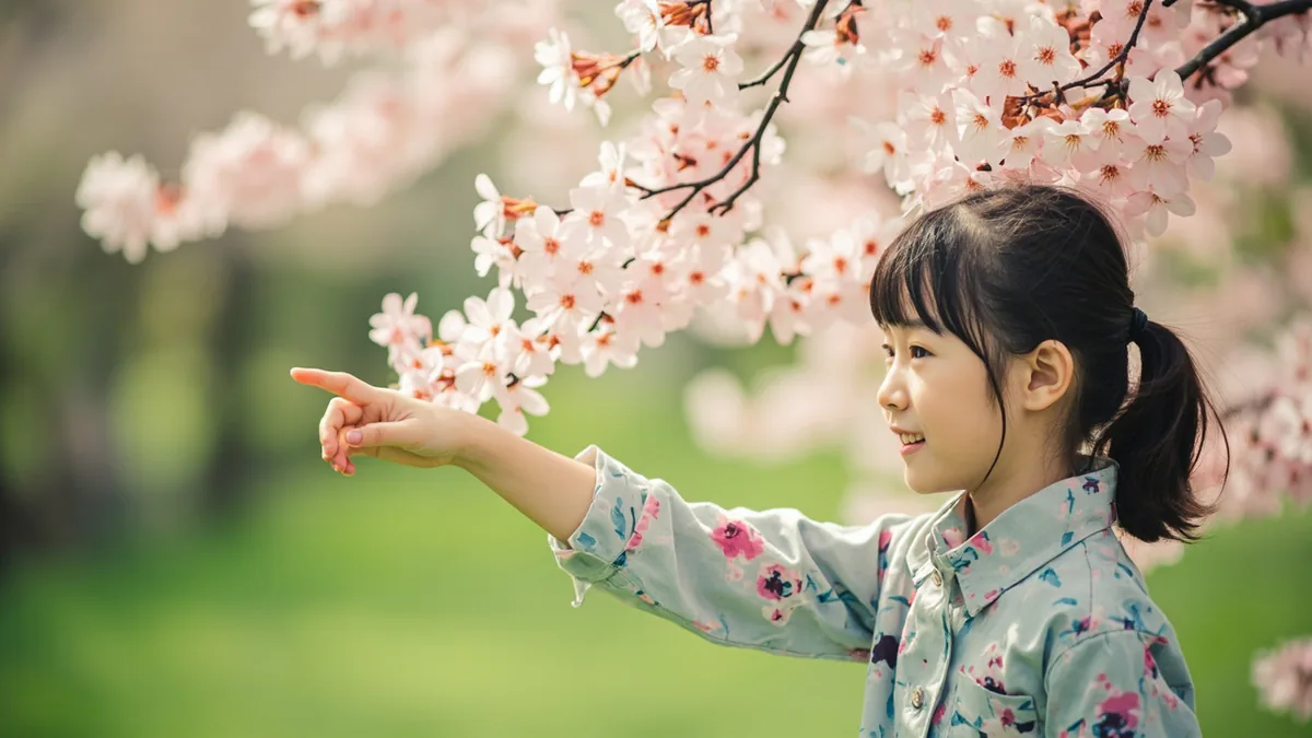 A young person gestures toward newly blossomed flowers in a park, illustrating “march” in Chinese: 三月 (sānyuè)