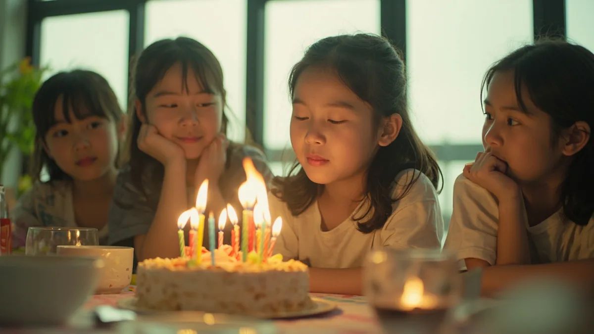 A young person blows out candles on a birthday cake surrounded by friends, illustrating “may all your wishes come true” in Chinese: 心想事成 (xīnxiǎng shìchéng)