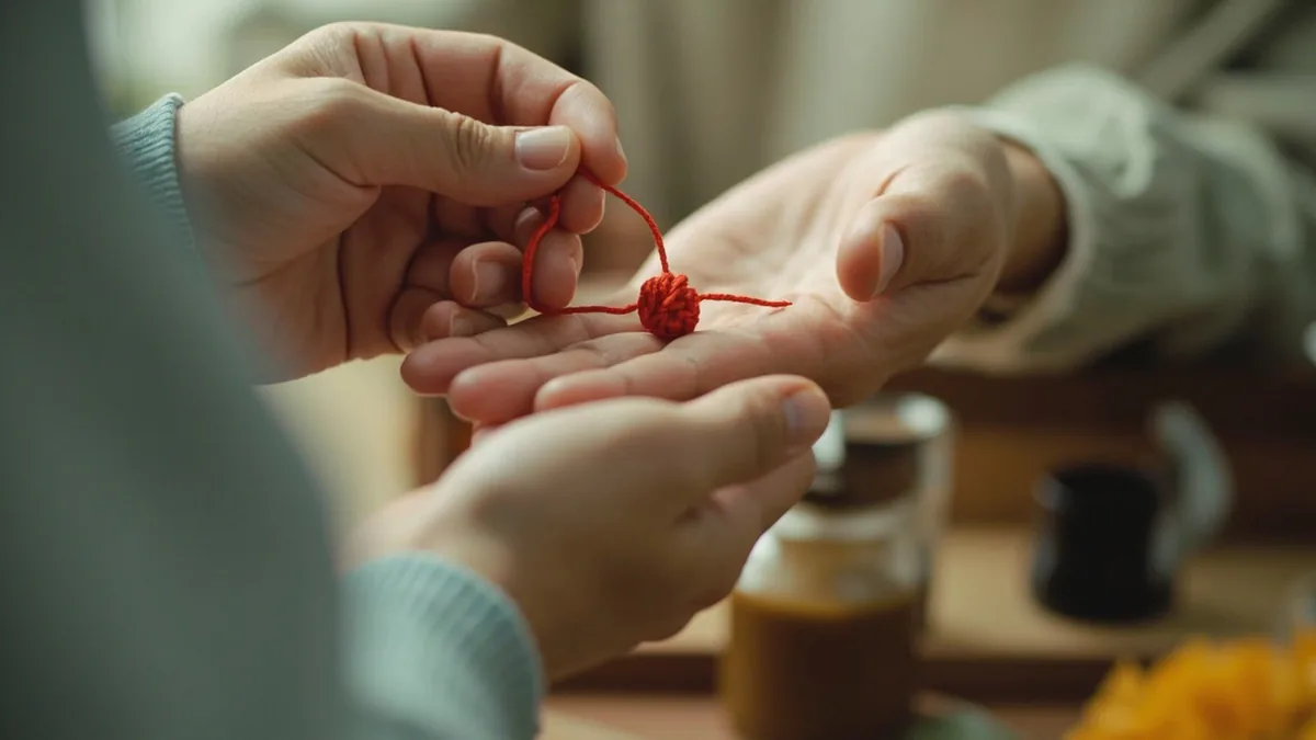 One person places a small red silk knot in another's palm, illustrating “may everything go well for you” in Chinese: 万事如意 (wànshì rúyì)