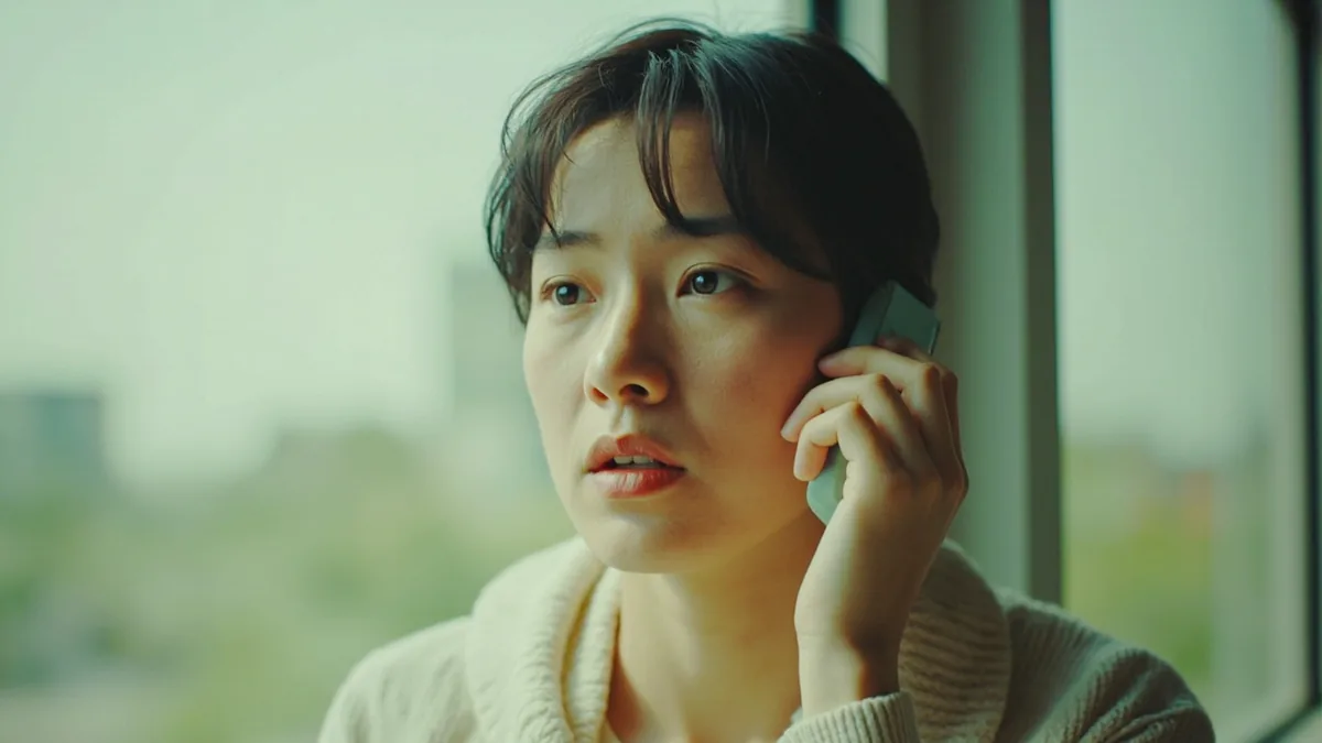 An adult holds a phone to their ear, looking slightly puzzled by the caller, illustrating “may I ask who's calling” in Chinese: 请问哪位？ (qǐngwèn nǎwèi?)
