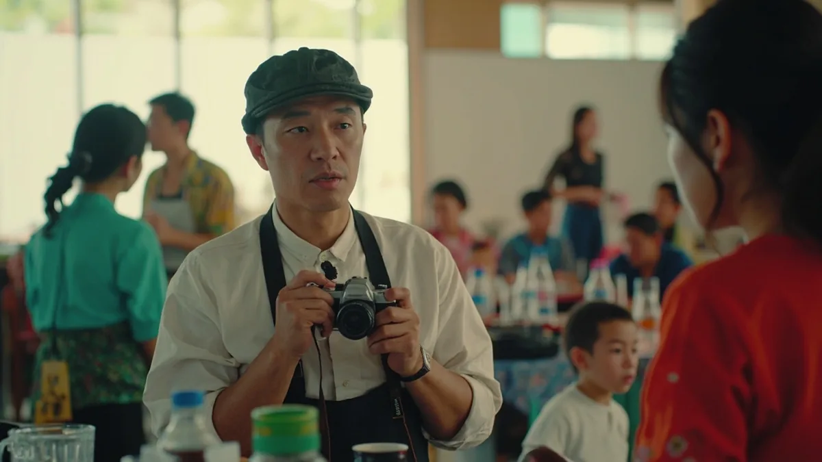 A person politely asks for permission to take pictures in a public area, illustrating “may I take photos” in Chinese: 可以拍照吗？ (kěyǐ pāizhào ma?)