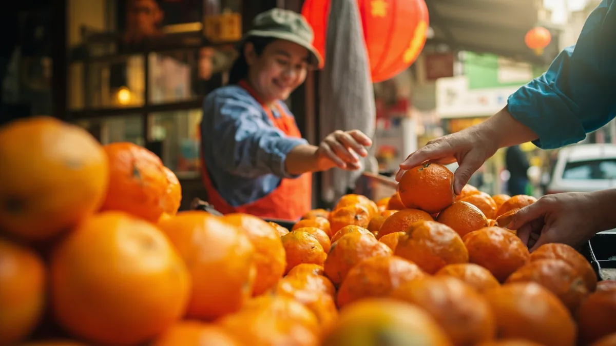 A shopkeeper stacks glossy oranges into a pyramid at a busy fruit stall, illustrating “may wealth pour in” in Chinese: 财源滚滚 (cáiyuán gǔngǔn)