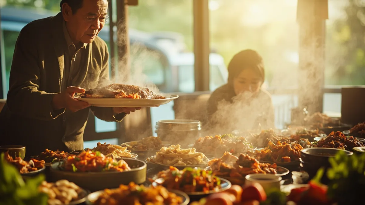 A woman adds a large fish dish to a festive family dining table, illustrating “may you have abundance every year” in Chinese: 年年有余 (niánnián yǒu yú)