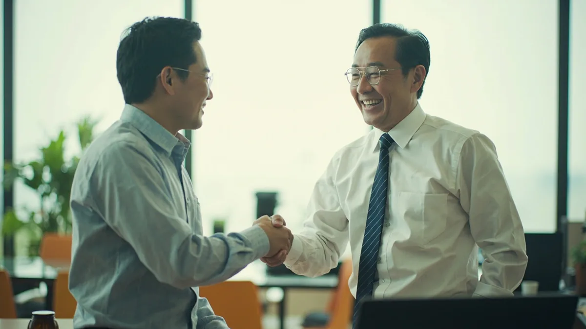 A manager congratulates an employee on career progress, illustrating “may you rise step by step” in Chinese: 步步高升 (bùbù gāoshēng)