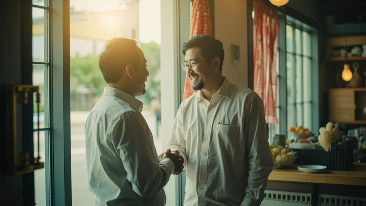 Two adults exchange a warm business greeting with clasped hands, illustrating “may your business prosper” in Chinese: 祝生意兴隆 (zhù shēngyi xīnglóng)