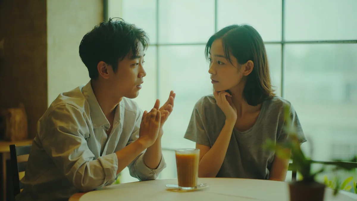 A young person makes a small, uncertain gesture with one hand during a conversation, illustrating “maybe” in Chinese: 可能吧 (kěnéng ba)