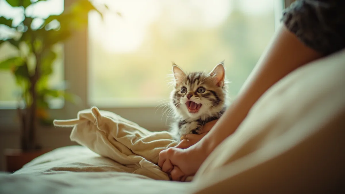 A small kitten meows softly while looking up at a person, illustrating “meow meow” in Chinese: 喵喵 (miāomiāo)