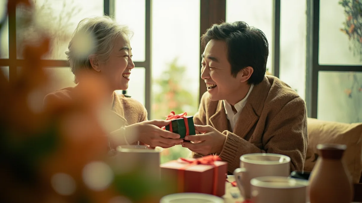 Two friends exchange small wrapped gifts during a festive season, illustrating “merry christmas” in Chinese: 圣诞快乐 (Shèngdàn kuàilè)