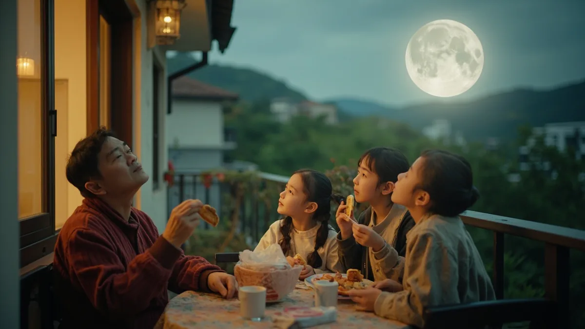 A family shares traditional round pastries under the evening sky, illustrating “mid-autumn festival” in Chinese: 中秋节 (Zhōngqiūjié)