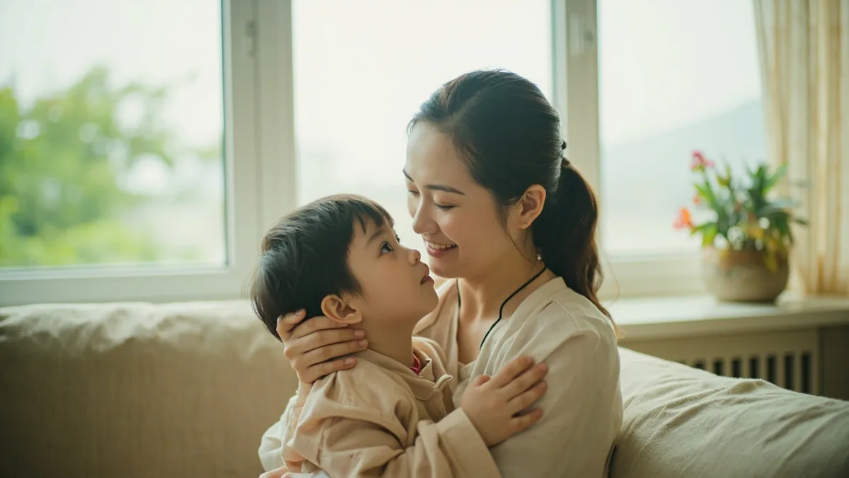 A child hugs their mother affectionately in a warm home setting, illustrating “mom” in Chinese: 妈妈 (māma)