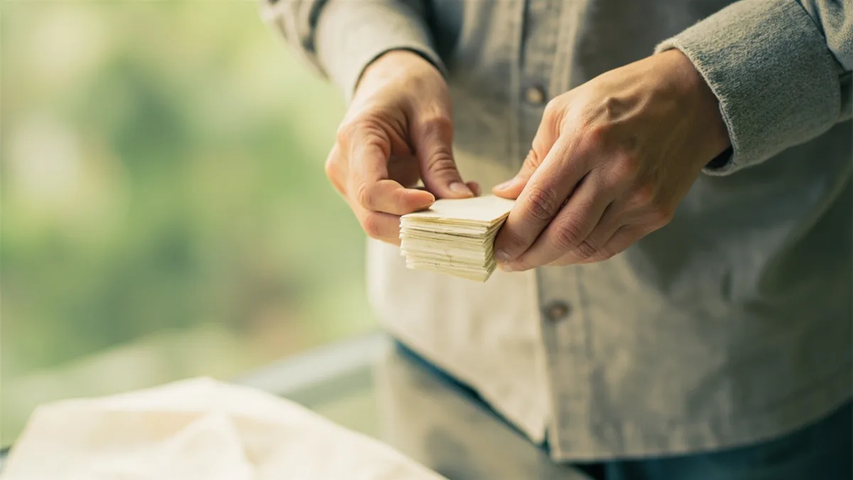 A person's hands carefully count a stack of plain paper bills, illustrating “money” in Chinese: 钱 (qián)