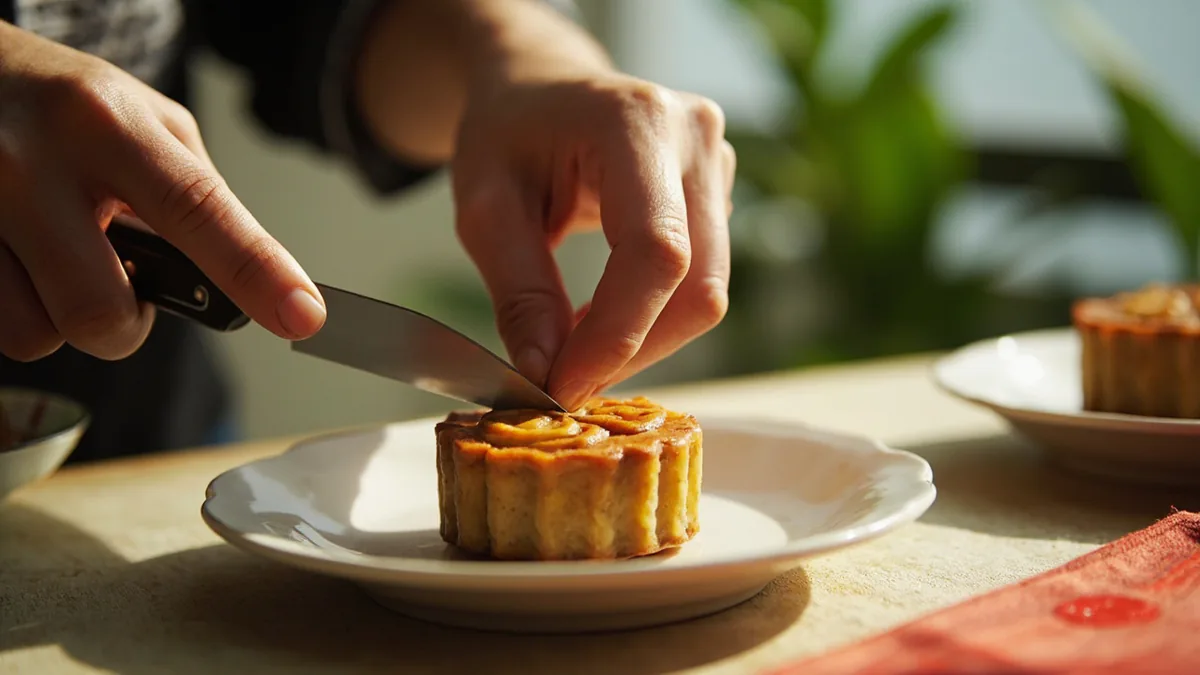 A person carefully cuts a traditional mooncake into small portions, illustrating “mooncake” in Chinese: 月饼 (yuèbǐng)