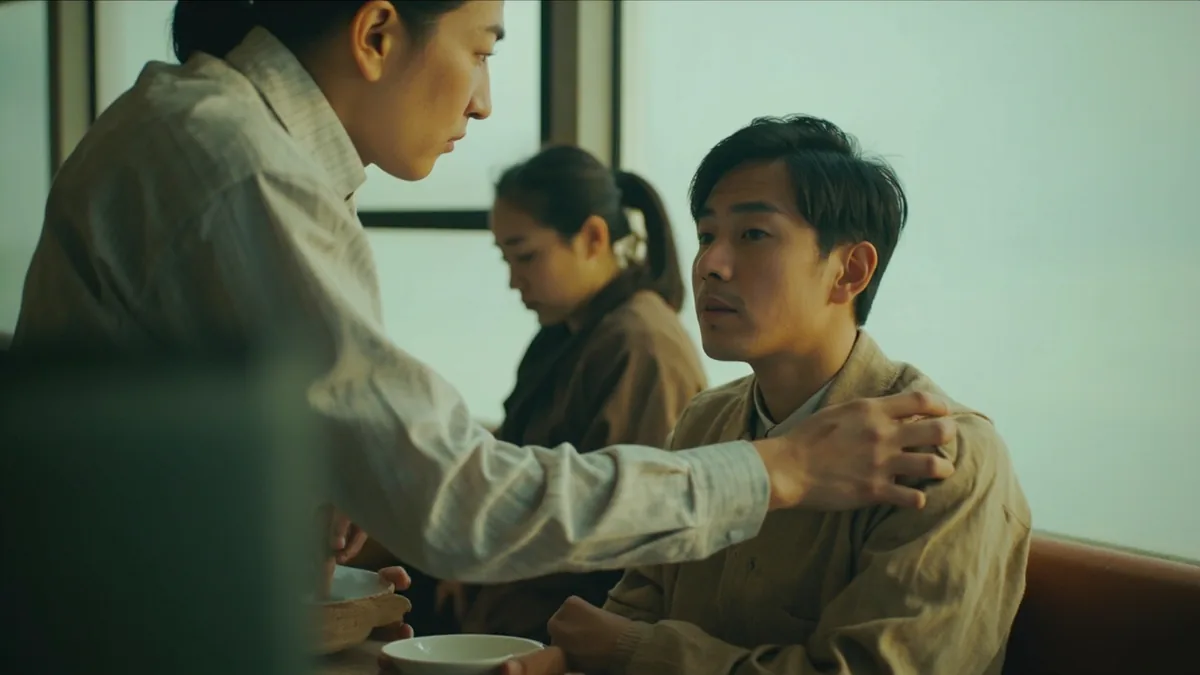 One person offers a comforting hand to another person who is grieving, illustrating “my condolences” in Chinese: 节哀顺变 (jié'āi shùnbiàn)