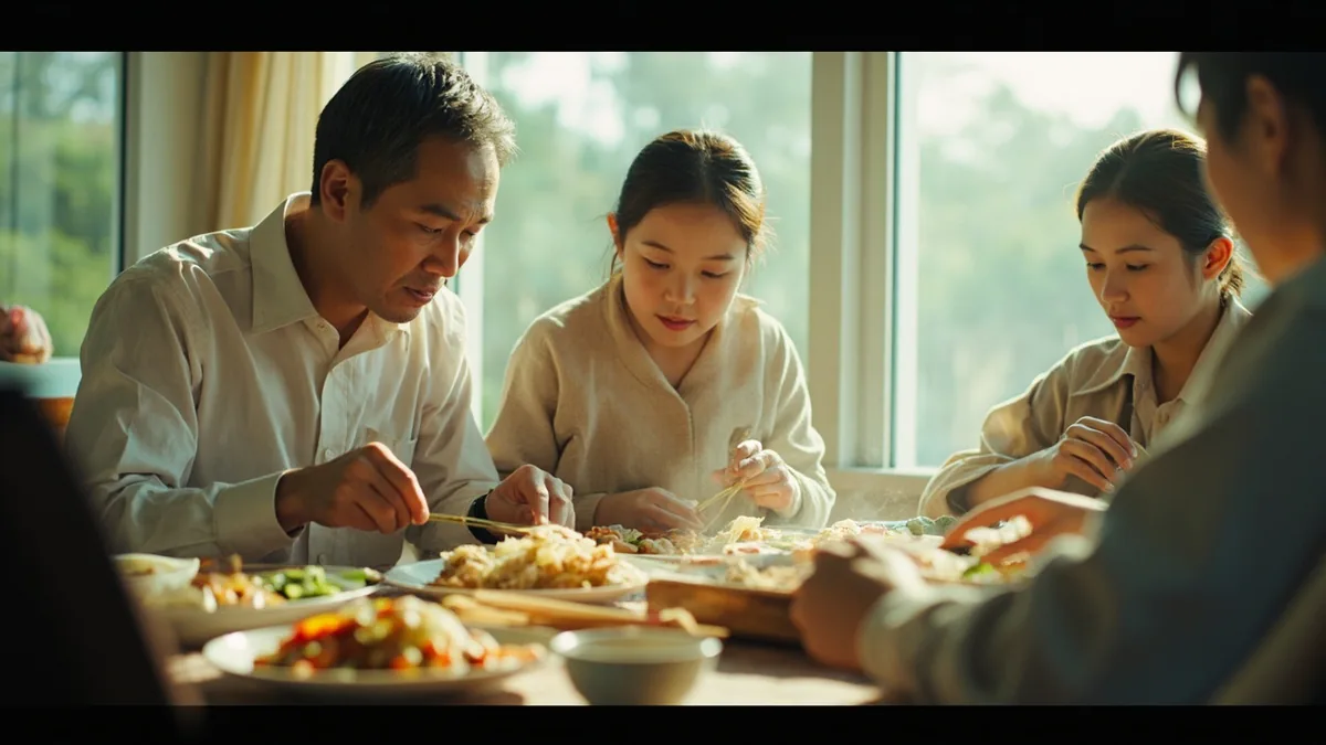 A family enjoys a meal together at their home, illustrating “my family” in Chinese: 我的家人 (wǒ de jiārén)