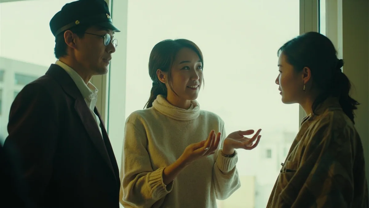 An adult introduces a friend to another acquaintance, illustrating “my friend” in Chinese: 我的朋友 (wǒ de péngyou)
