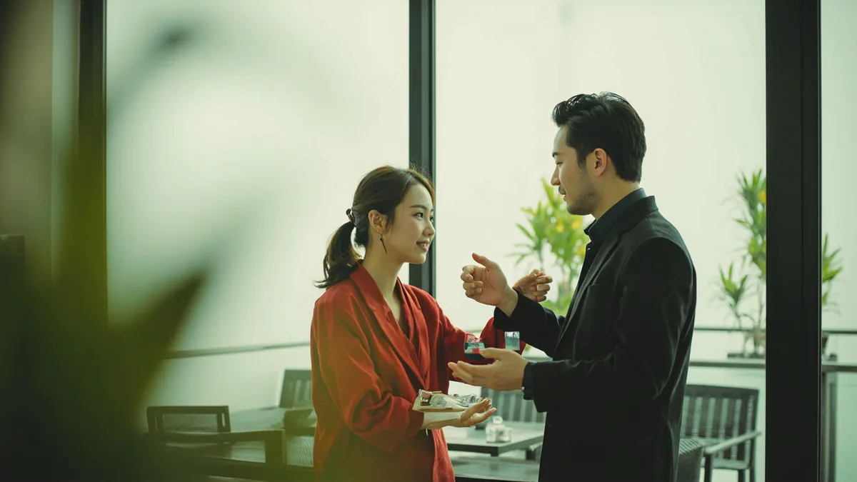 A young man introduces his girlfriend to a friend, illustrating “my girlfriend” in Chinese: 我的女朋友 (wǒ de nǚ péngyou)