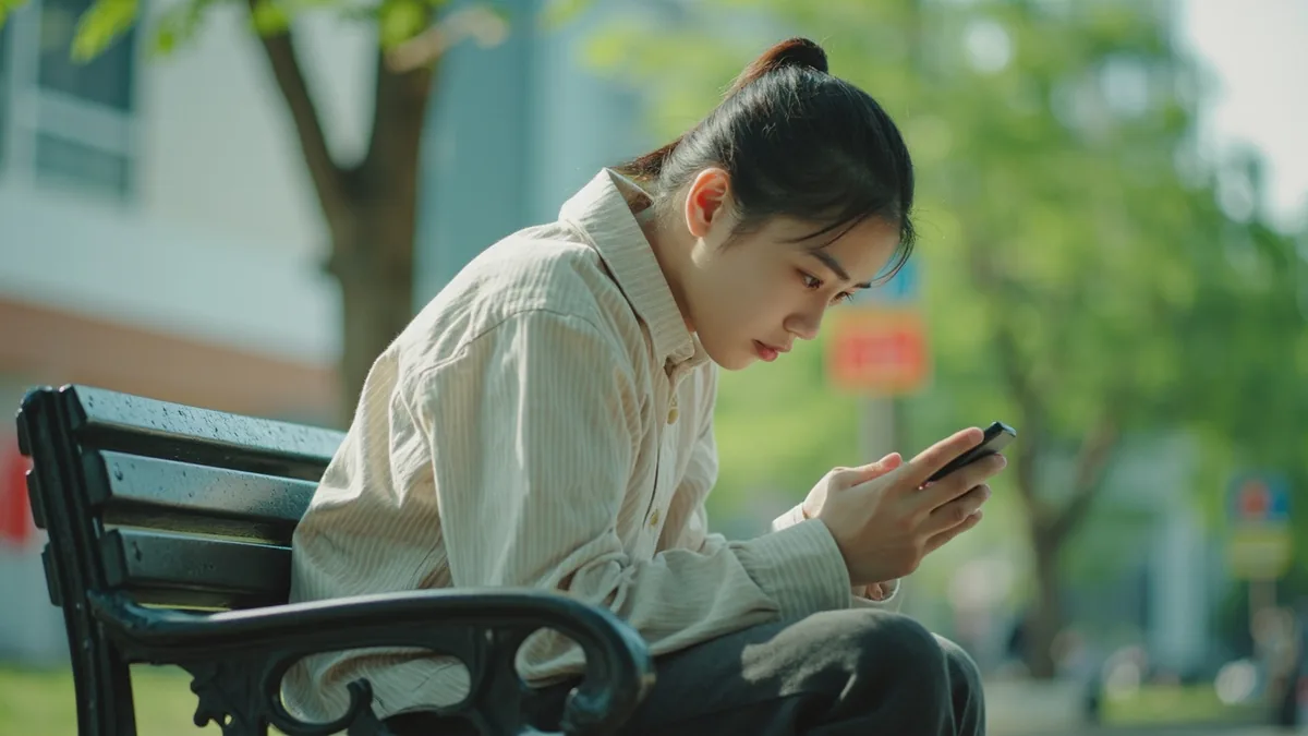 A person looks frustrated at a dark phone screen while trying to use it, illustrating “my phone is dead” in Chinese: 手机没电了 (shǒujī méidiàn le)
