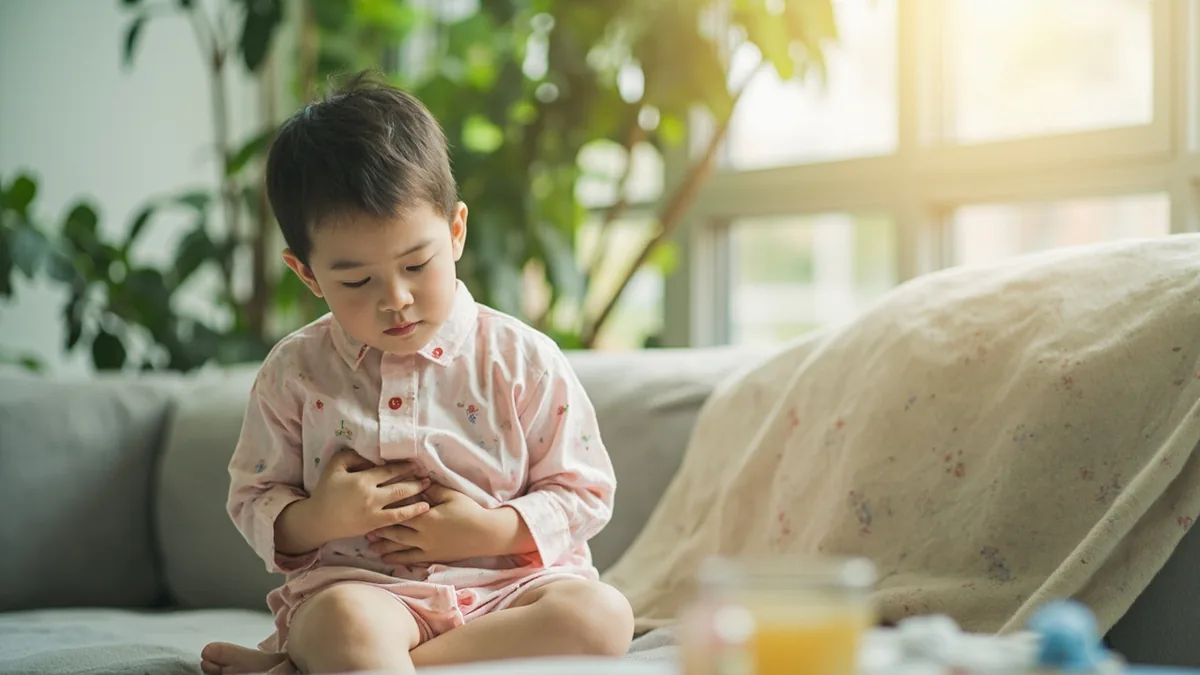 A child clutches their belly with a pained expression, illustrating “my stomach hurts” in Chinese: 我肚子疼 (wǒ dùzi téng)