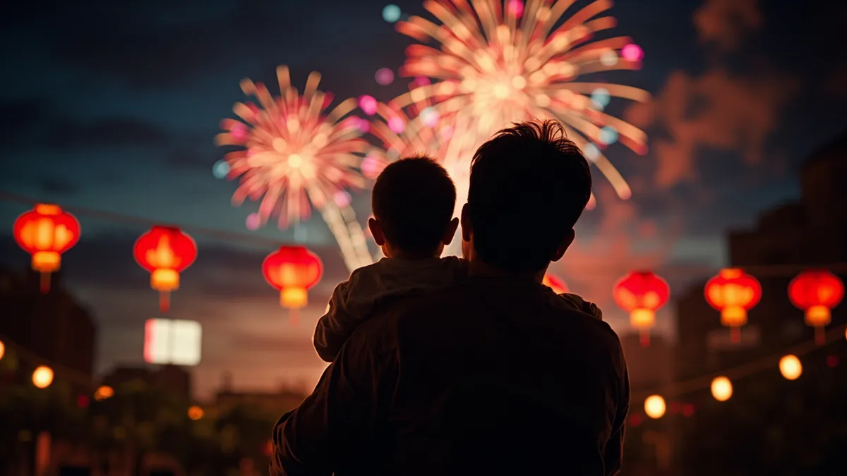 A child on a parent's shoulders watches fireworks, illustrating “national day” in Chinese: 国庆节 (Guóqìngjié)