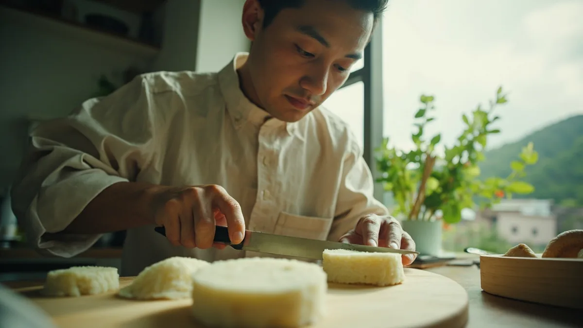 A person slices a sticky, traditional rice cake for a family gathering, illustrating “New Year cake (nian gao)” in Chinese: 年糕 (niángāo)