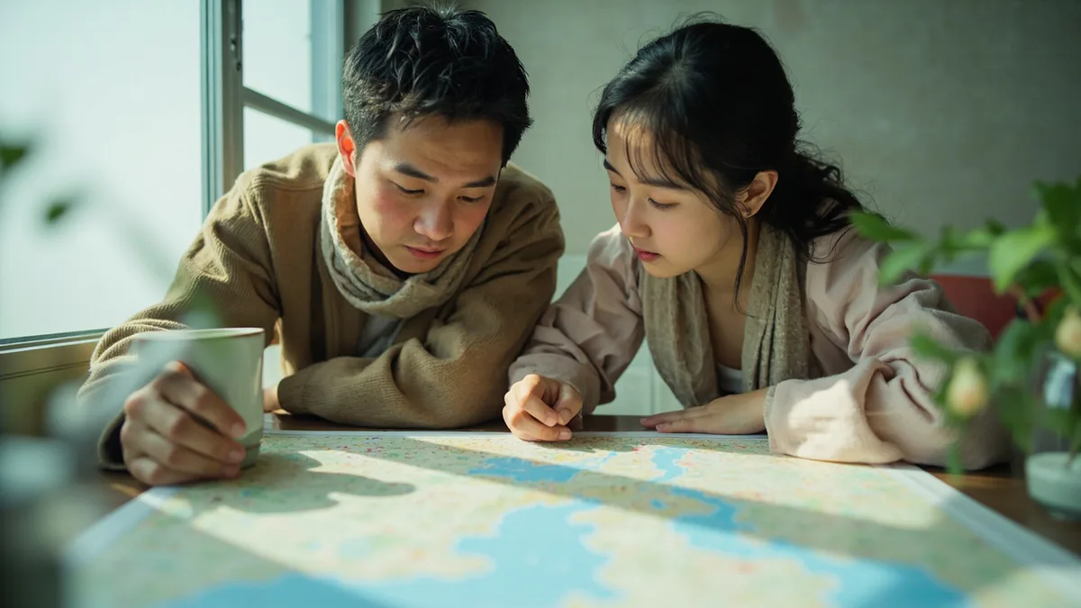 Two friends discuss future travel plans while looking at a map, illustrating “next year” in Chinese: 明年 (míngnián)