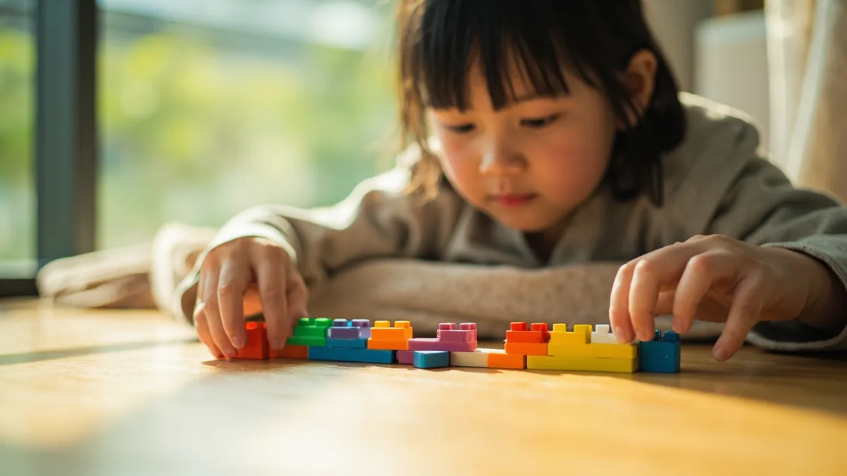 A child carefully arranges nine small colorful blocks, illustrating “nine” in Chinese: 九 (jiǔ)