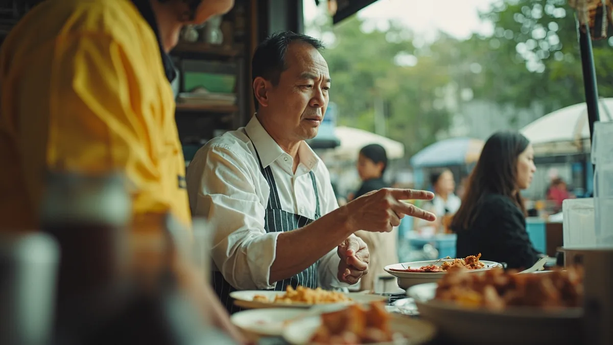 A customer makes a specific request to a food vendor, illustrating “no cilantro, please” in Chinese: 不要香菜 (bùyào xiāngcài)