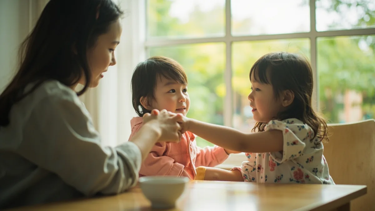 An adult gently separates two children playing roughly, illustrating “no hitting” in Chinese: 不许打人 (bù xǔ dǎ rén)