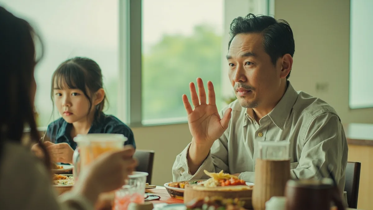 A person politely declines a second helping of food with a hand gesture, illustrating “no” in Chinese: 不是 (bù shì)