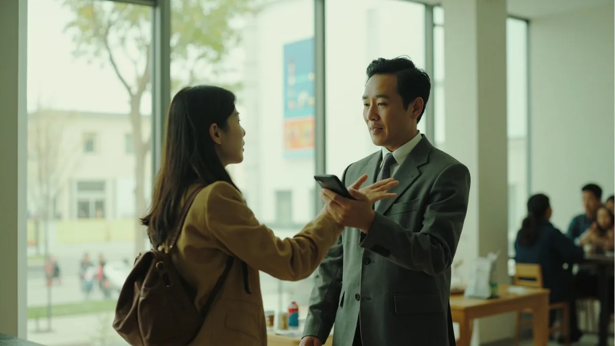 A museum attendant politely gestures for a visitor to stop taking pictures, illustrating “no photos here, please” in Chinese: 这里禁止拍照 (zhèlǐ jìnzhǐ pāizhào)