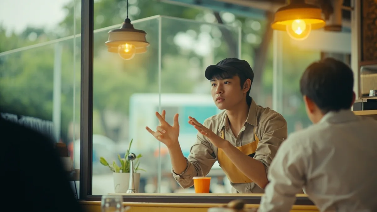 A cafe worker gives a polite hand gesture to a customer, illustrating “ok” in Chinese: 好的 (hǎode)