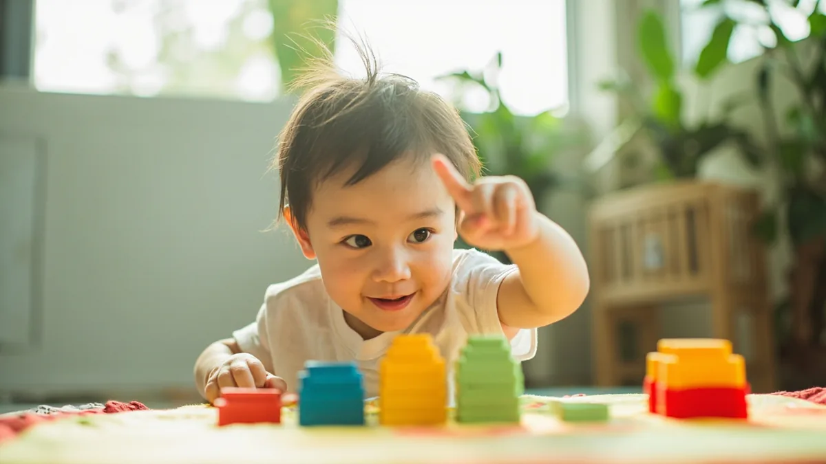 A child holds up one finger to show a quantity of toys, illustrating “one” in Chinese: 一 (yī)