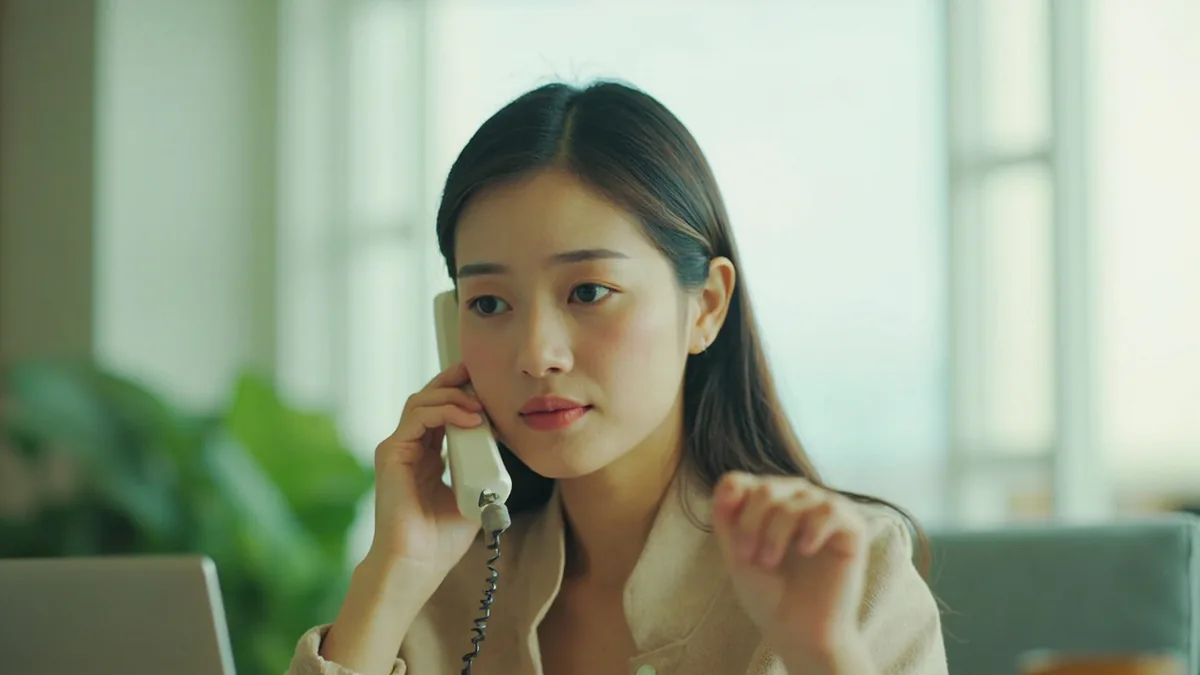 A receptionist holds a phone and gestures to wait briefly, illustrating “one moment, I'll transfer you” in Chinese: 请稍等，我帮您转接 (qǐng shāoděng, wǒ bāng nín zhuǎnjiē)