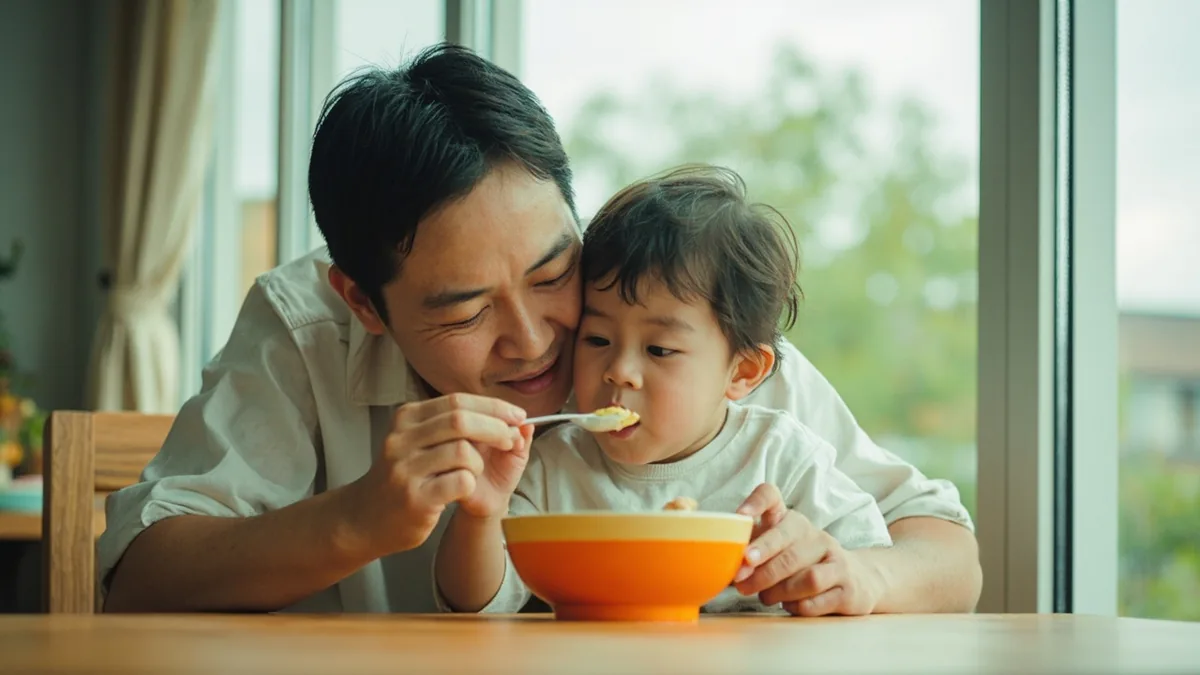 A parent offers a spoonful of food to a young child with patience, illustrating “one more bite” in Chinese: 再吃一口 (zài chī yī kǒu)