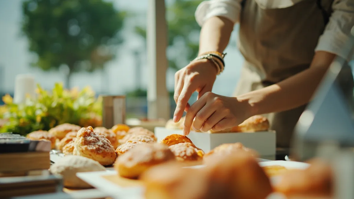A person indicates a particular item on a vendor's table, illustrating “one of these, please” in Chinese: 来一个这个 (lái yí ge zhège)