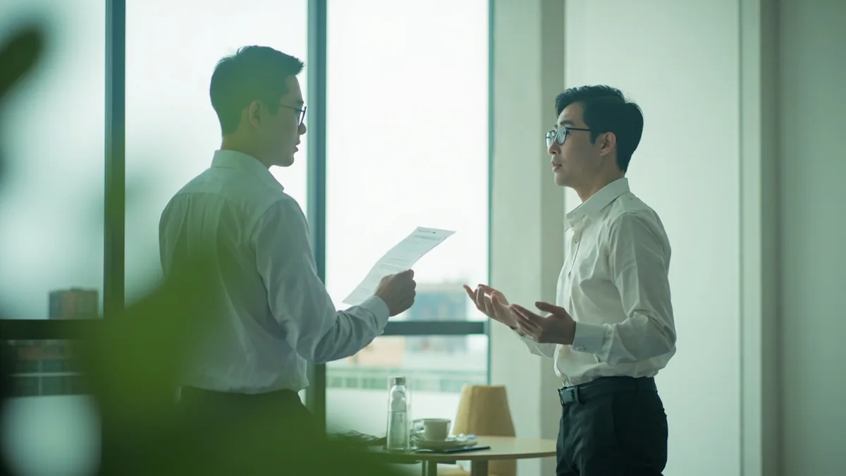 A business professional gestures to a colleague while discussing work, illustrating “our company” in Chinese: 我们公司 (wǒmen gōngsī)