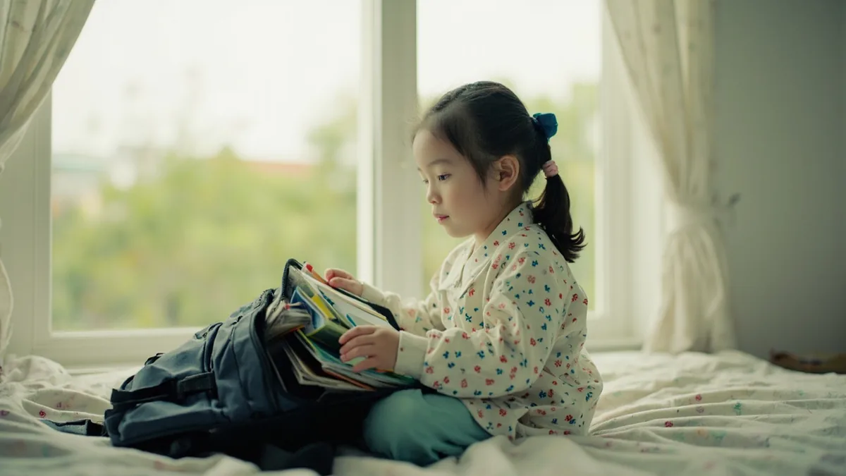 A child carefully puts books and supplies into a colorful backpack, illustrating “pack your school bag” in Chinese: 整理书包 (zhěnglǐ shūbāo)